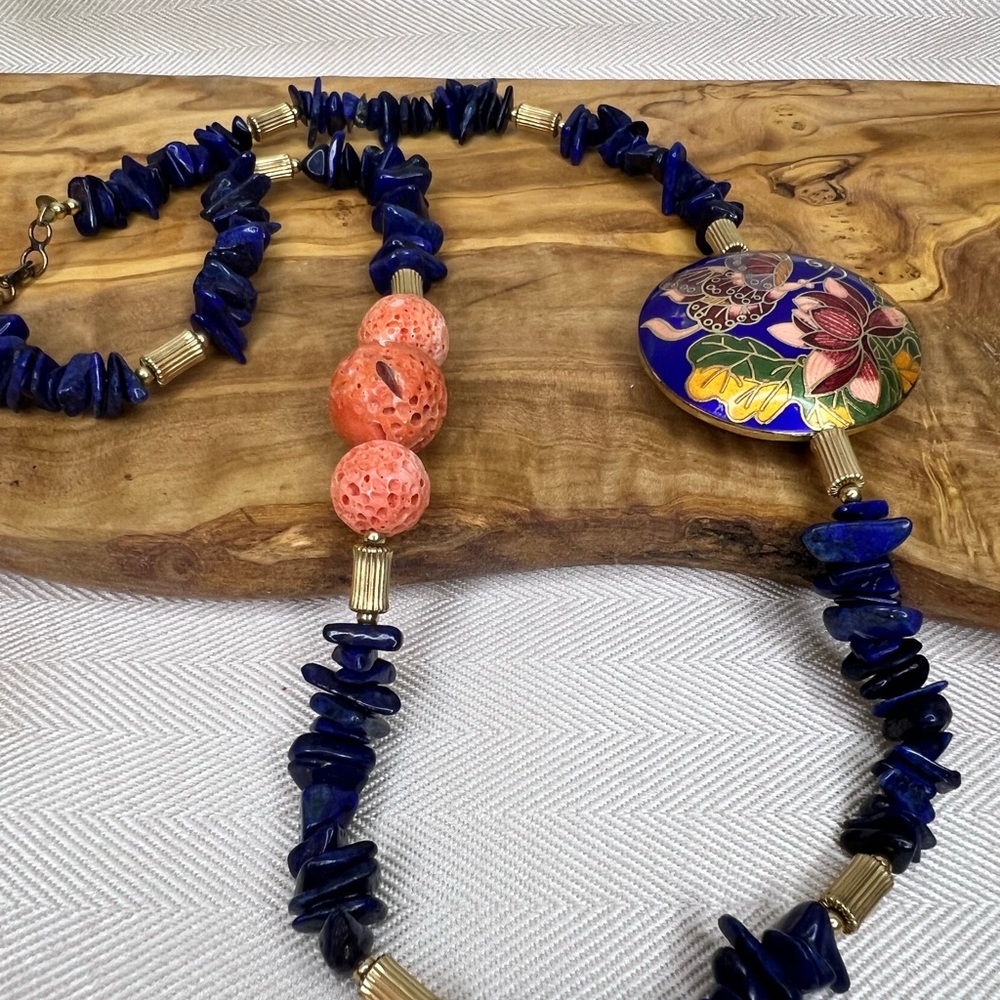 Lapis Lazuli Blue & Orange Sponge Coral Floral Cloisonné Pendant MJ Necklace - Picture 10 of 14